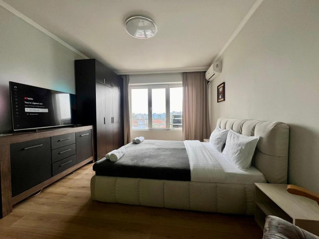 帕扎尔吉克Amazing view central 1 bedroom apartment的一间卧室配有一张床和一台平面电视