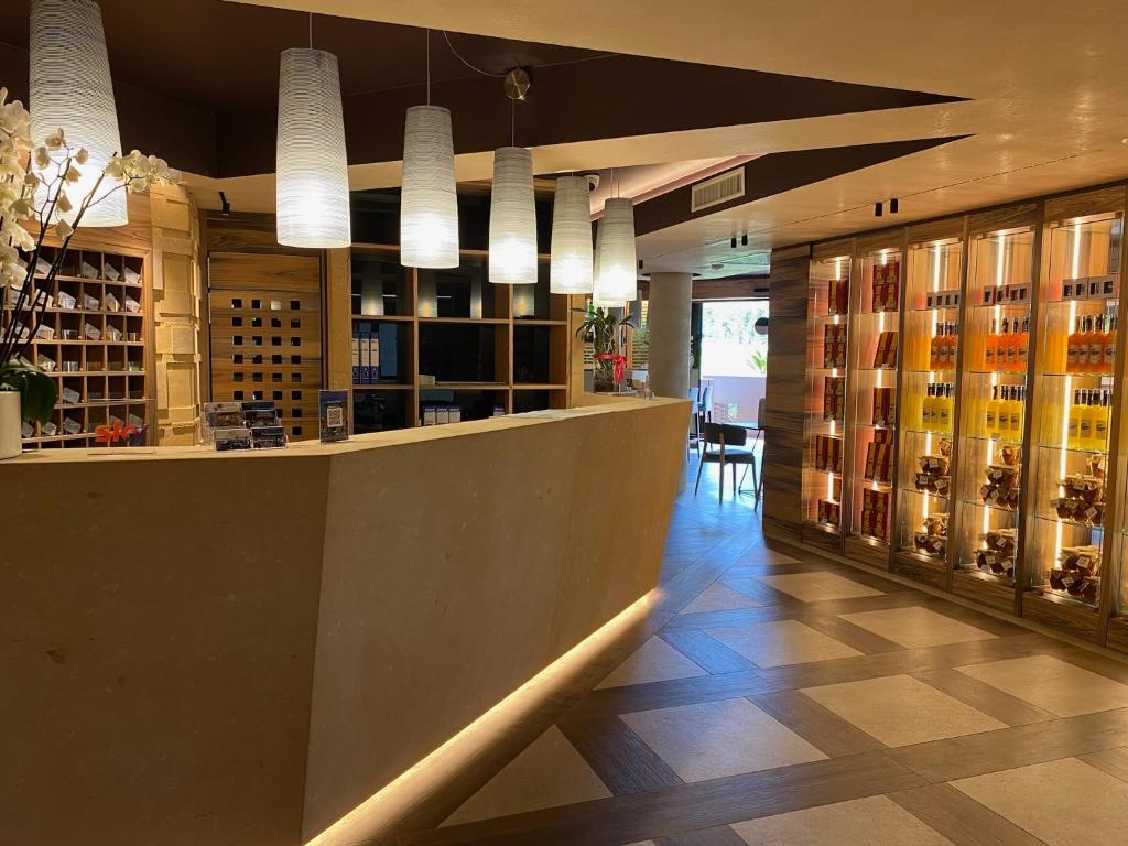 西尔米奥奈Alevic Hotel Sirmione的一间葡萄酒商店,内设一间提供葡萄酒的酒吧