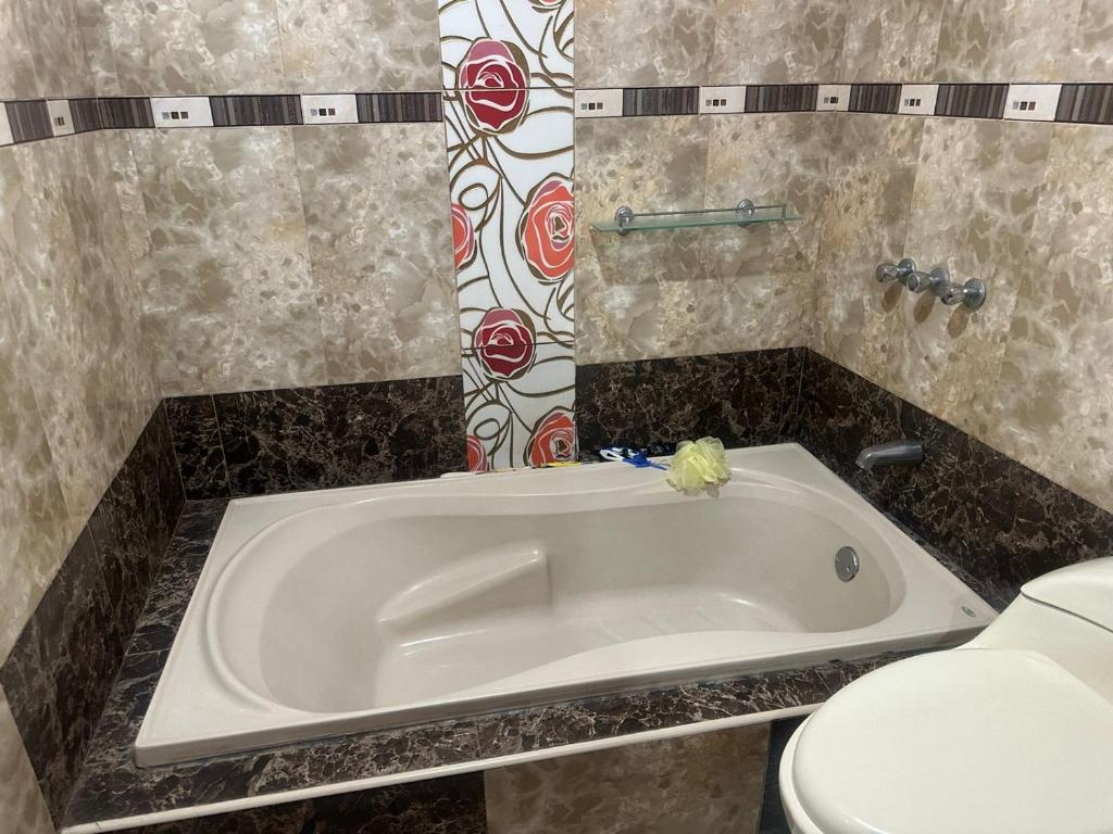 卡哈马卡Hotel Elegant的一间带浴缸的浴室位于厕所旁