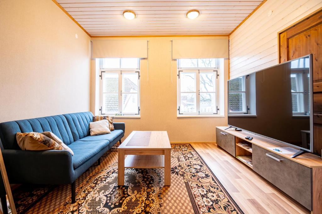 库雷萨雷Kauba 6-6 Apartment的客厅配有蓝色的沙发和平面电视。