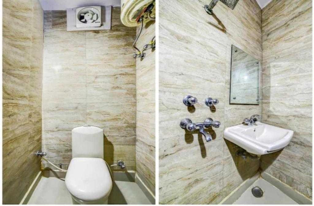 新德里OYO Flagship Hotel BalaG的浴室的两张照片,配有卫生间和水槽