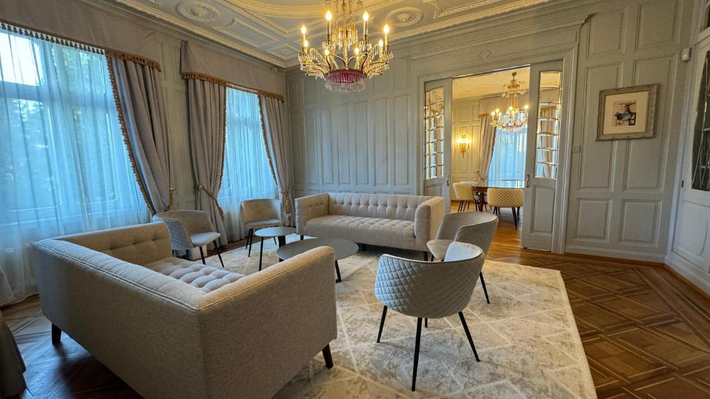 苏黎世Entire Zurich Villa, Your Private Luxury Escape的带沙发和椅子的客厅以及吊灯。