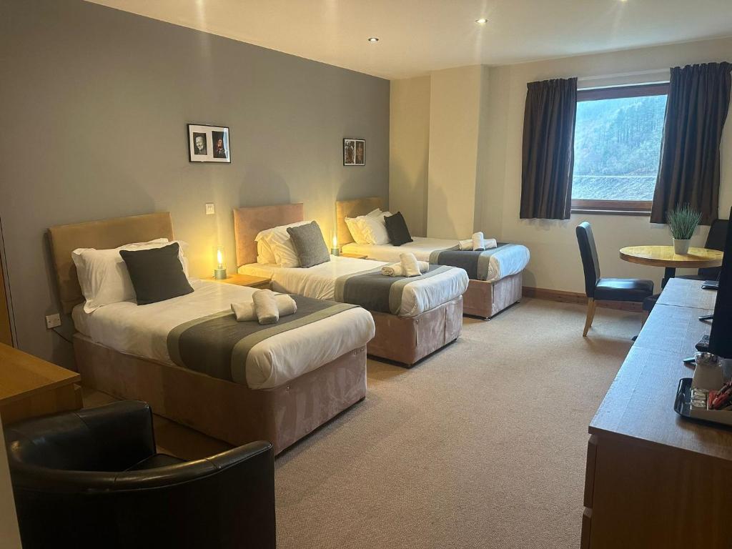 塔尔伯特港阿凡酒店的酒店客房设有两张床和一张桌子。
