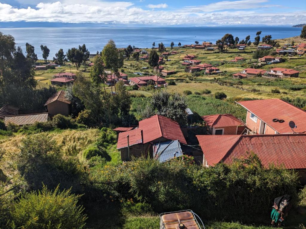 奥科苏尤Wayki Amantani Homestay的红屋顶和海洋的小村庄