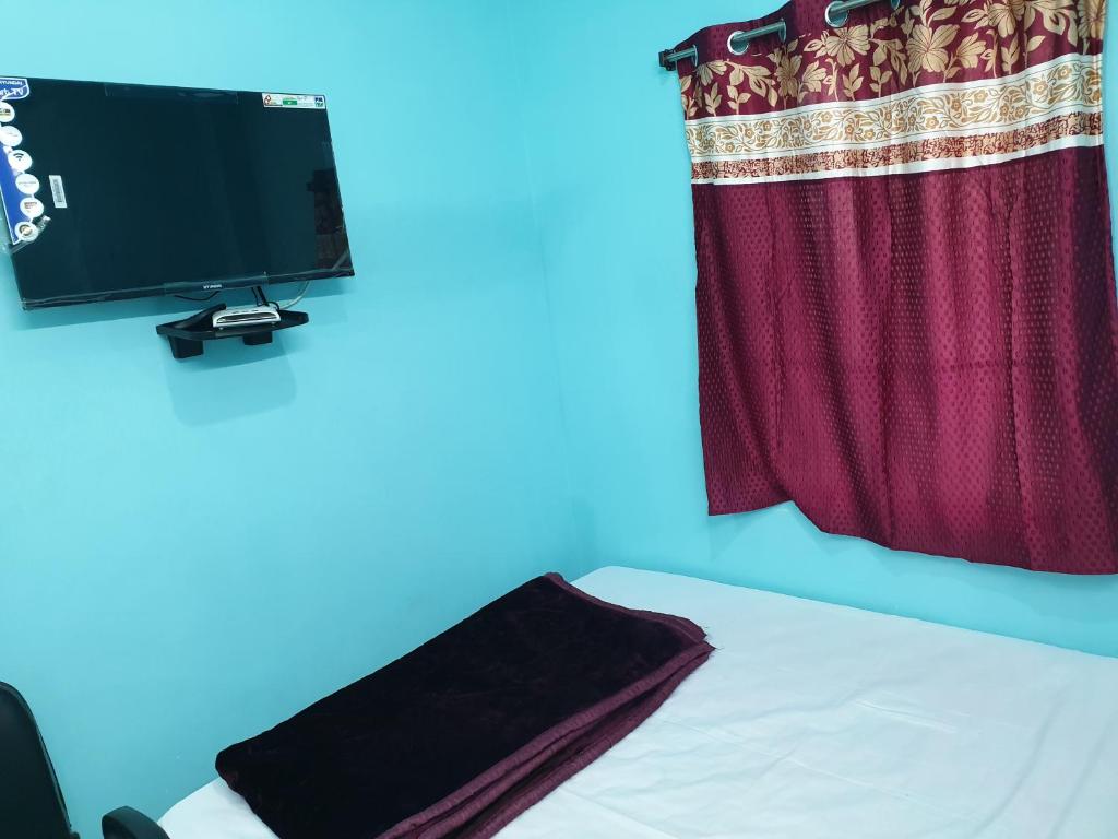 德奥加尔Hotel Ambika的一间卧室配有一张床,墙上配有电视