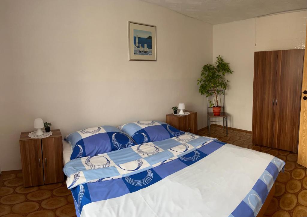 Horní SlavkovUbytování U Ropáků的一间卧室配有一张带蓝白色床单的大床