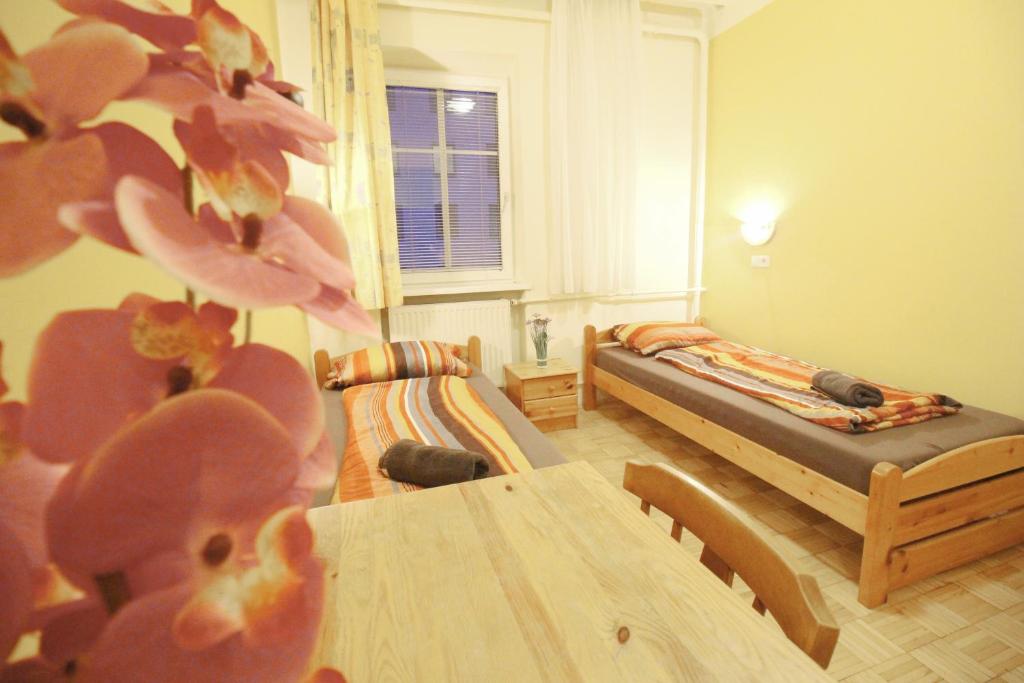 维也纳Double Room in Hütteldorfer Straße Area的一间设有两张床和一张桌子的房间