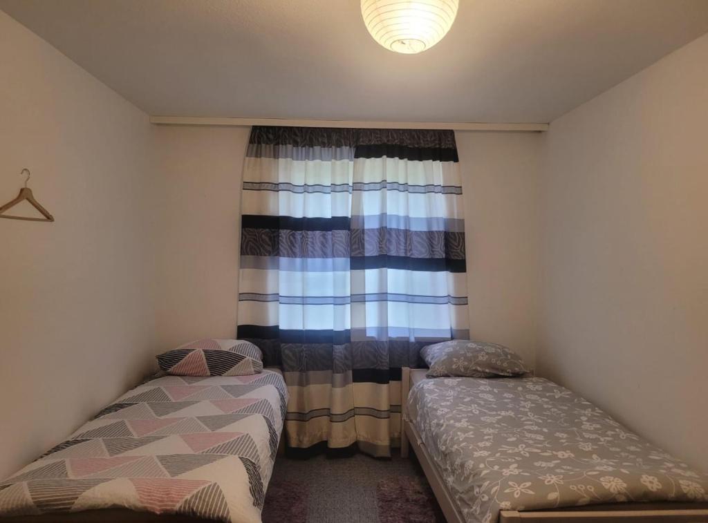 不莱梅Perfect Resting Rooms的一间小卧室,配有两张床和窗户
