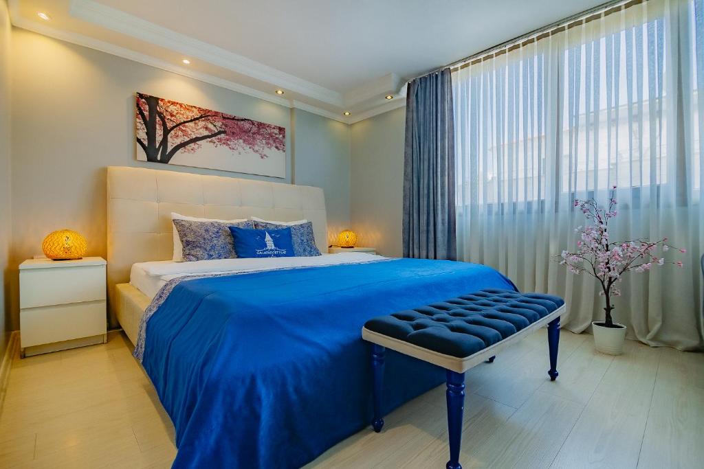 伊斯坦布尔Galataport Flat Company的一间卧室设有蓝色的床和窗户。