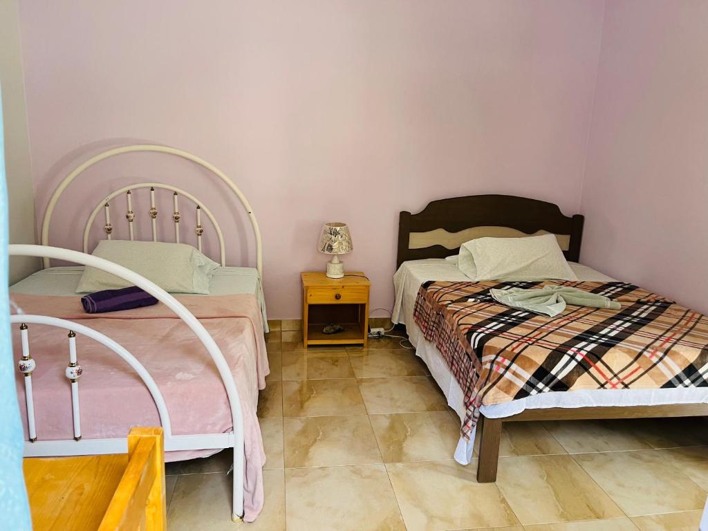 PortelaCasa Adriano & Filomena的一间卧室配有两张床和一个带灯的床头柜