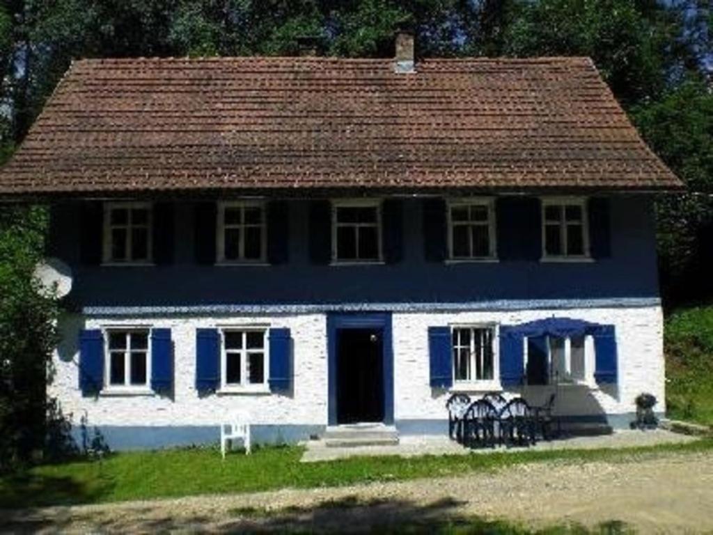 HohenweilerFerienhaus für 4 Personen ca 80 qm in Hohenweiler, Vorarlberg Bodensee的蓝色和白色的房子,有棕色的屋顶