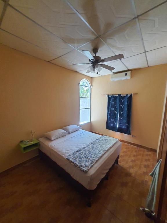 弗洛勒斯Habitacion cerca del lago的一间卧室配有一张带吊扇的床