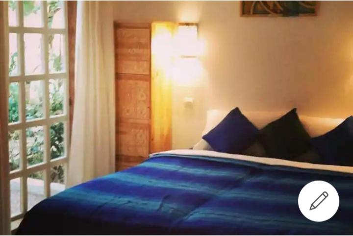 阿加迪尔Paradise Guest House的一间卧室设有蓝色的床和窗户。