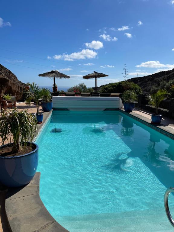 阿索马达Castillo Lanzarote Villa 4 - Sleep in a Volcanic Cave的一座种植了棕榈树和遮阳伞的大型蓝色游泳池