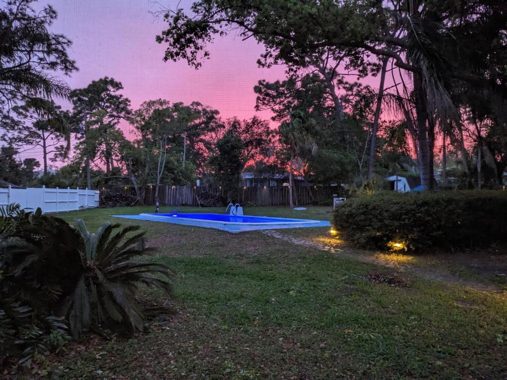 坦帕Executive Pool Home的黄昏时在院子里的游泳池