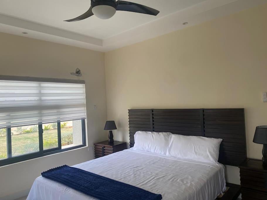 欧丘里欧Amore Villas的一间卧室配有一张带吊扇和窗户的床。