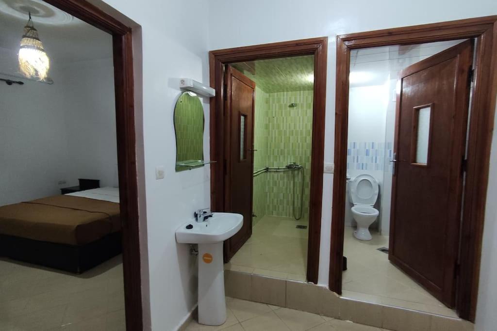 瓦尔扎扎特Warzazat Apartments的一间带水槽、淋浴和卫生间的浴室