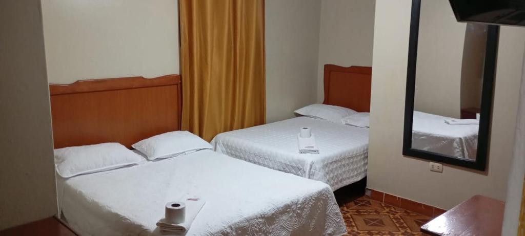 阿亚库乔HOSPEDAJE BUENA VISTA的酒店客房,设有两张床和镜子