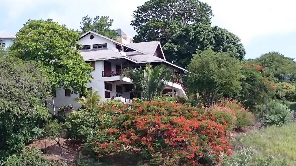BuccooThe Nest Tobago Apartments的白色的房子,四周环绕着树木和鲜花