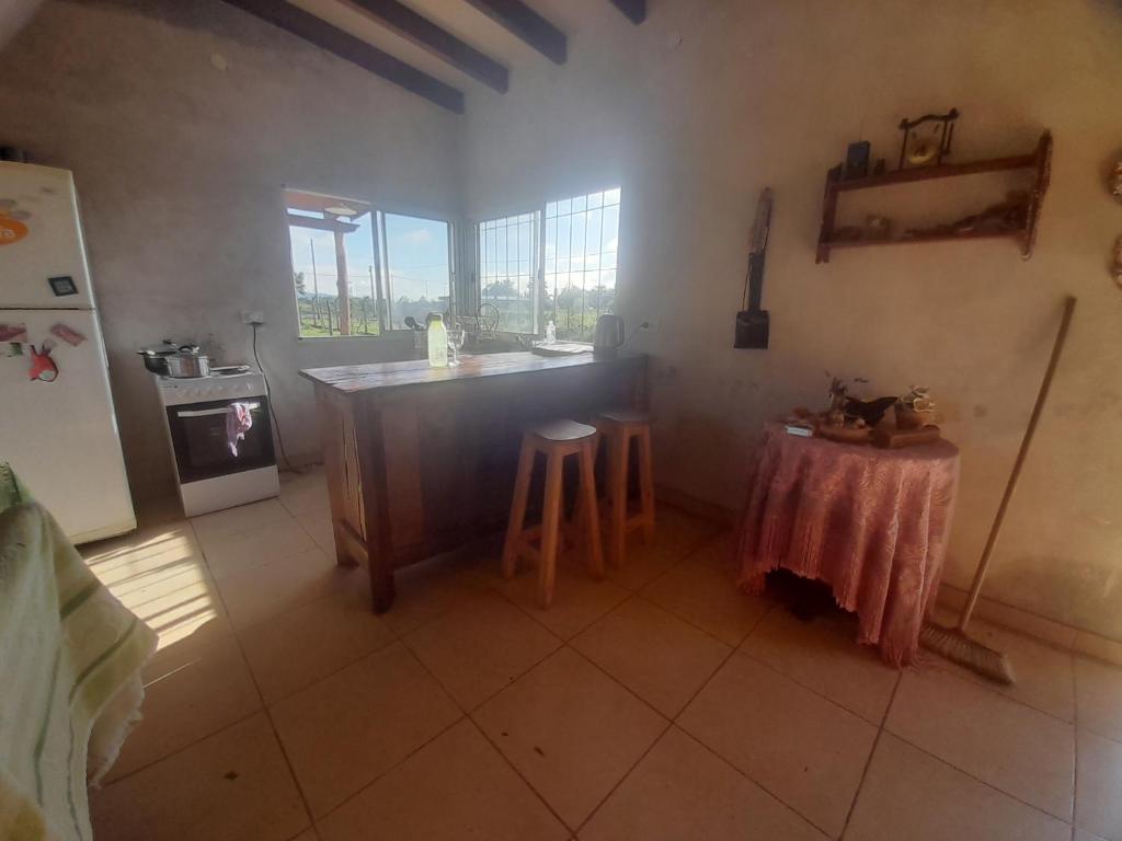 萨尔塔La rosa的厨房配有柜台、桌子和冰箱。