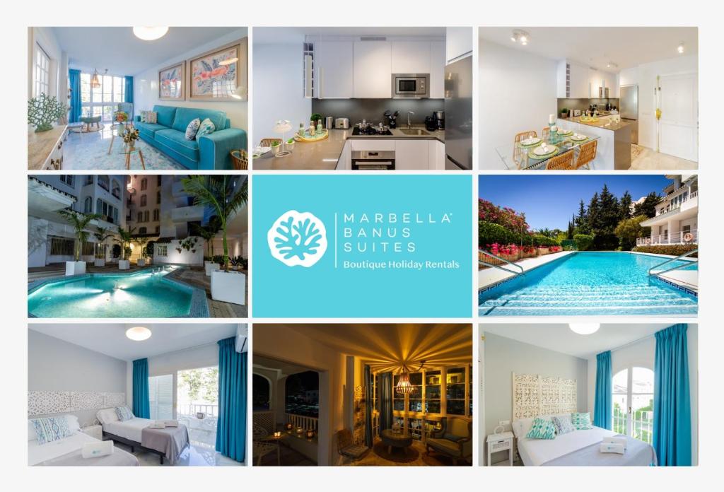 马贝拉MARBELLA BANUS SUITES - Iris Tropical Garden Banús Suite Apartment的家庭照片和游泳池的拼贴画