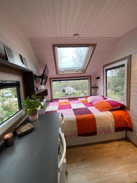 阿尔勒Tiny house en pleine campagne的一间卧室设有一张床和两个窗户。