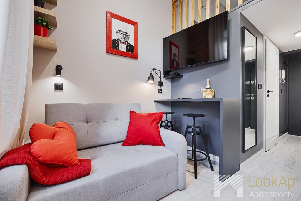 罗兹U Fabrykanta by LookAp的客厅配有带红色枕头的灰色沙发