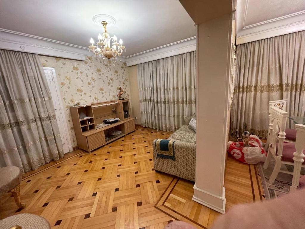 亚历山大Lovely apartment 2的客厅铺有木地板,配有吊灯。