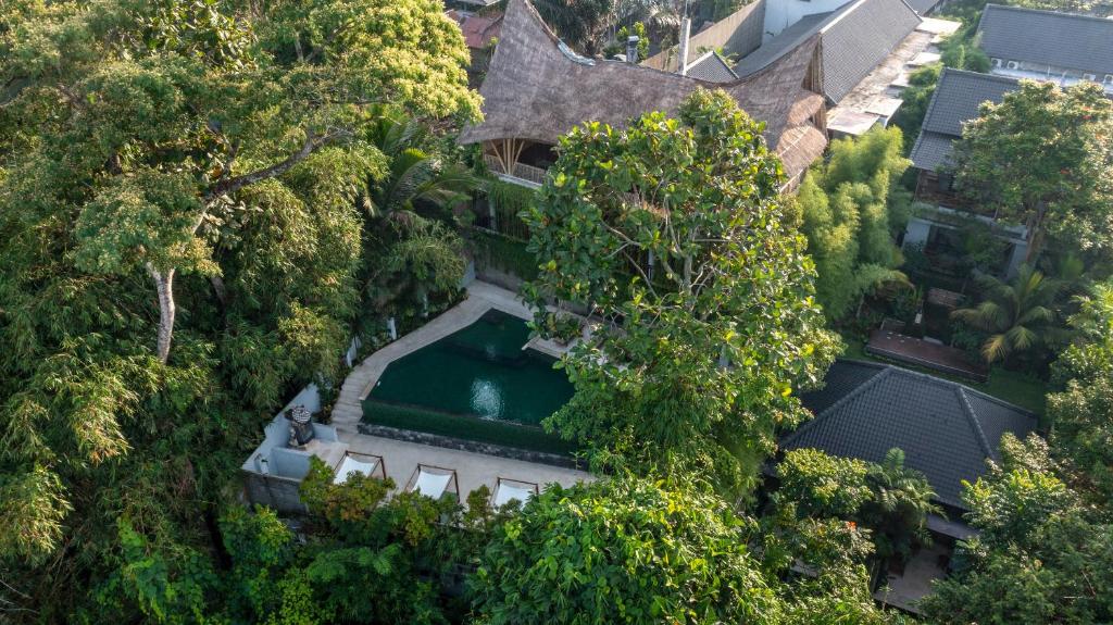乌布Dinara Ubud的享有带游泳池的别墅的顶部景致