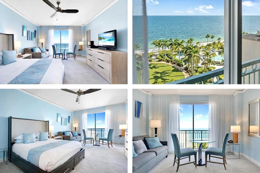 迈阿密The Palms, Ocean View Studio Located at Ritz Carlton - Key Biscayne的酒店客房设有一张床,享有海景。