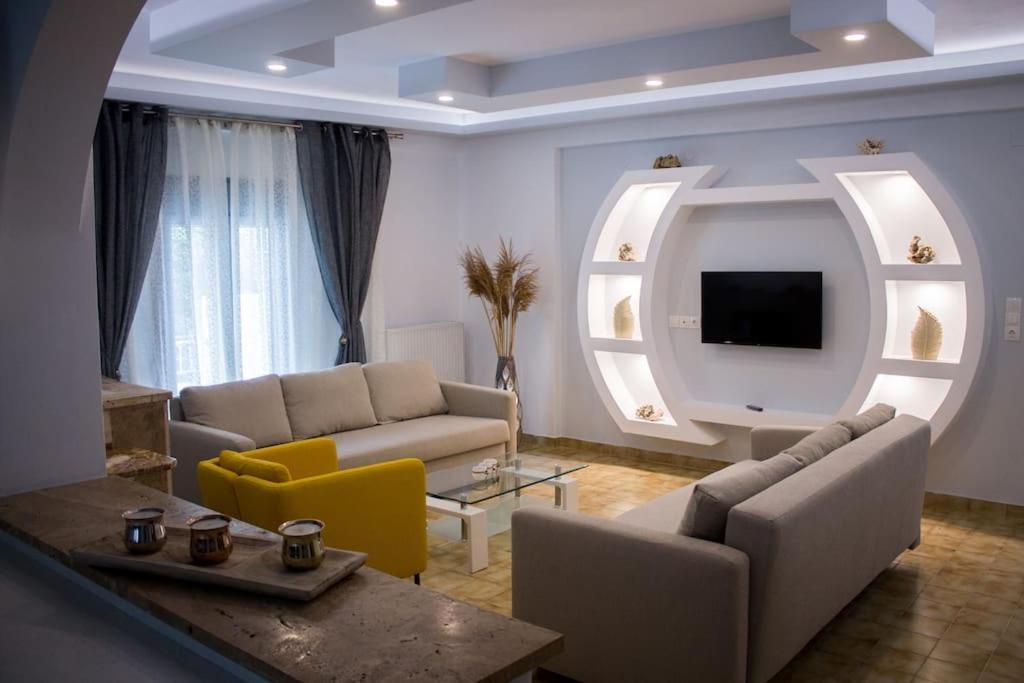 毕达哥利翁Spacious Apartment in the heart of Pythagorion的带沙发和电视的客厅