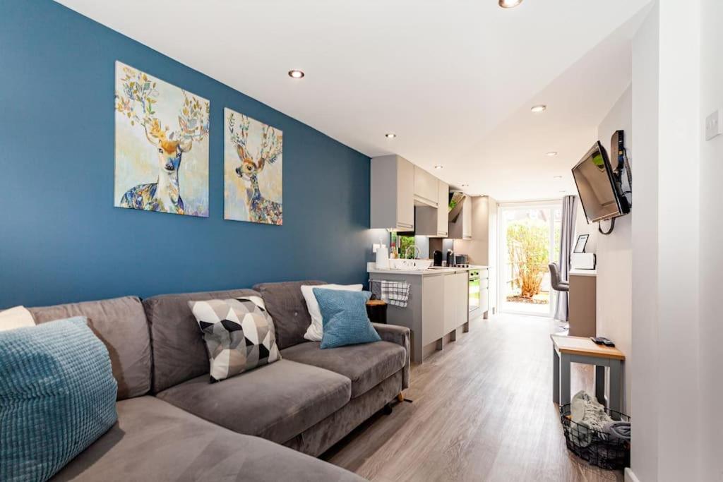 布拉克内尔One bedroom apartment, Driveway, Bracknell Centre的带沙发和蓝色墙壁的客厅