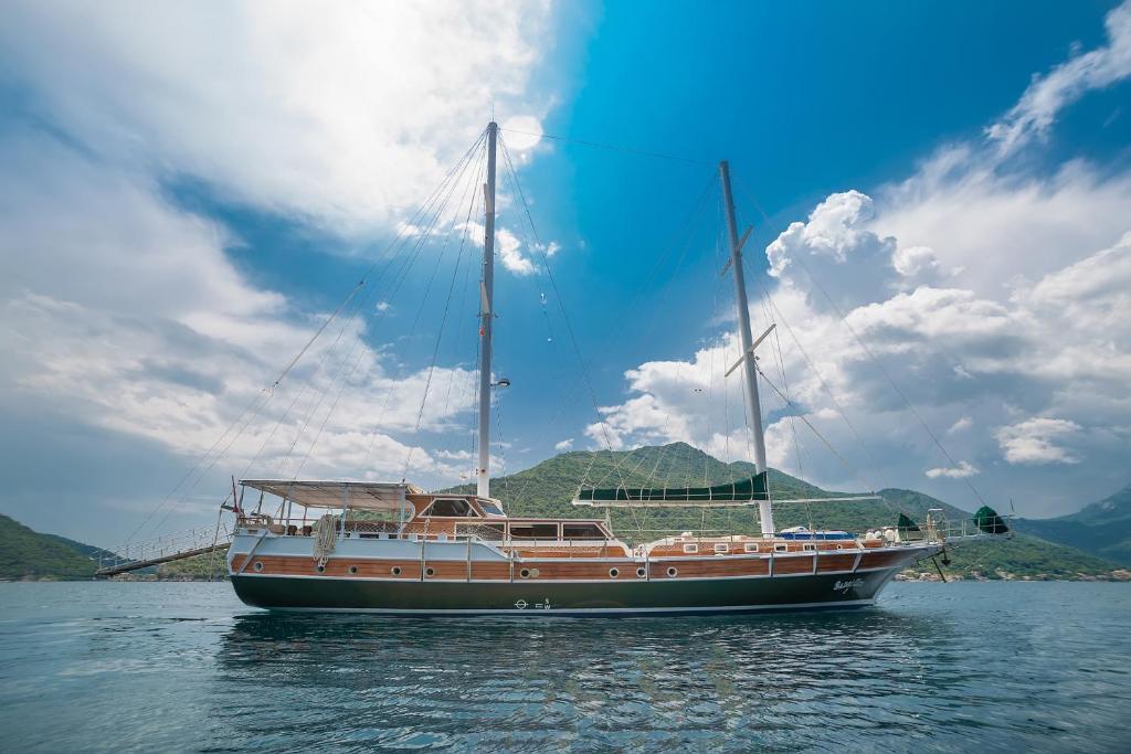 蒂瓦特Traditional Sailing Yacht的坐在湖水中的船