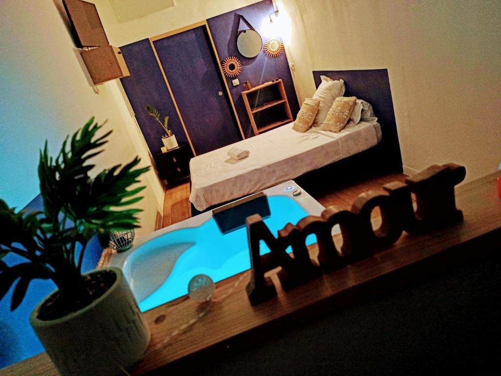 芒通Studio cosy, grand spa privatif et parking privée Centre ville menton的浴室模型,配有床和浴缸