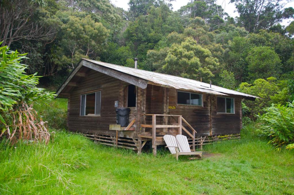 Waimea寇基山林小屋的小屋位于草地上,设有2把椅子