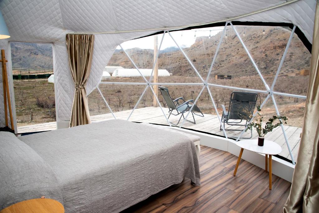 埃里温Eco Dom Tent的一间卧室设有一张床和一个大窗户
