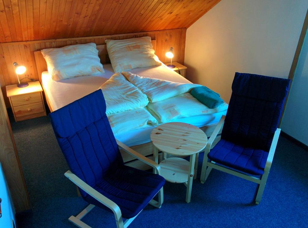 玛丽亚温泉赫斯提尼克U佩斯卡科西基酒店的一间卧室配有一张床、两把椅子和一张桌子