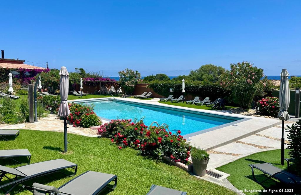 Tarcu费加简易别墅酒店的一个带草坪椅和遮阳伞的游泳池