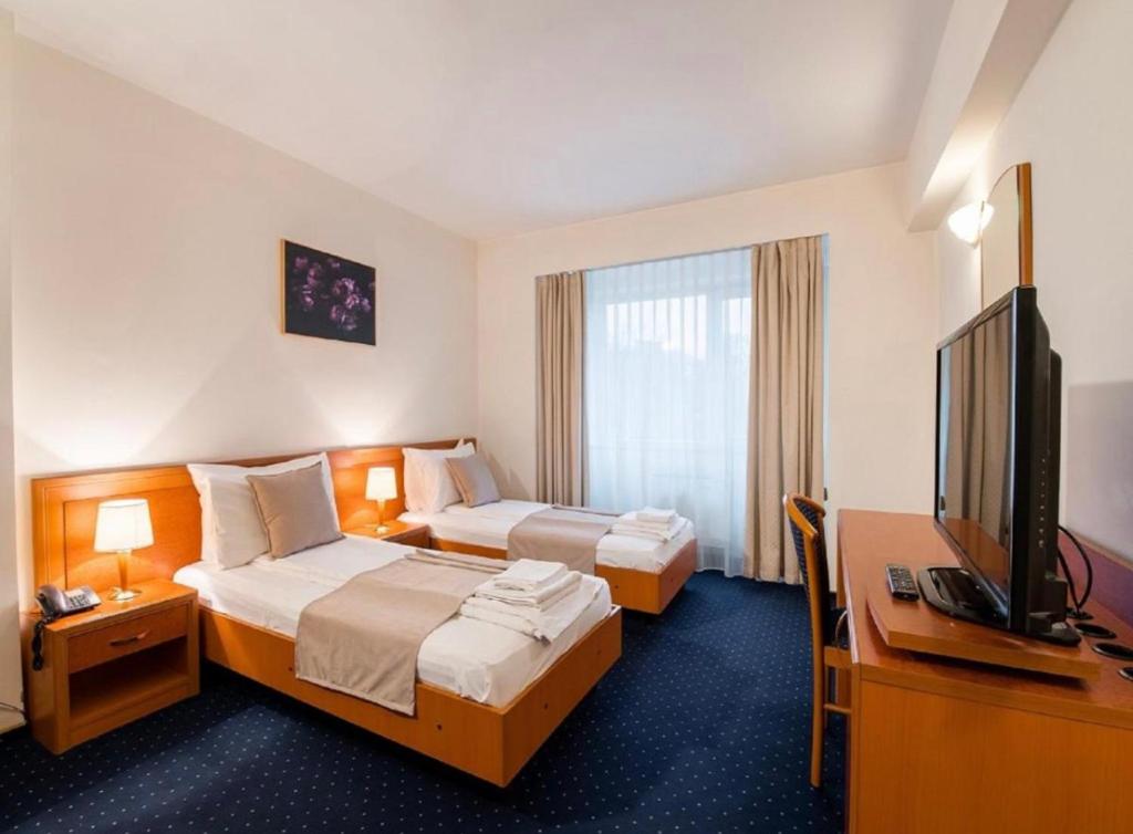 奥格斯堡Hotel Pension Matteo的酒店客房设有两张床和一台平面电视。