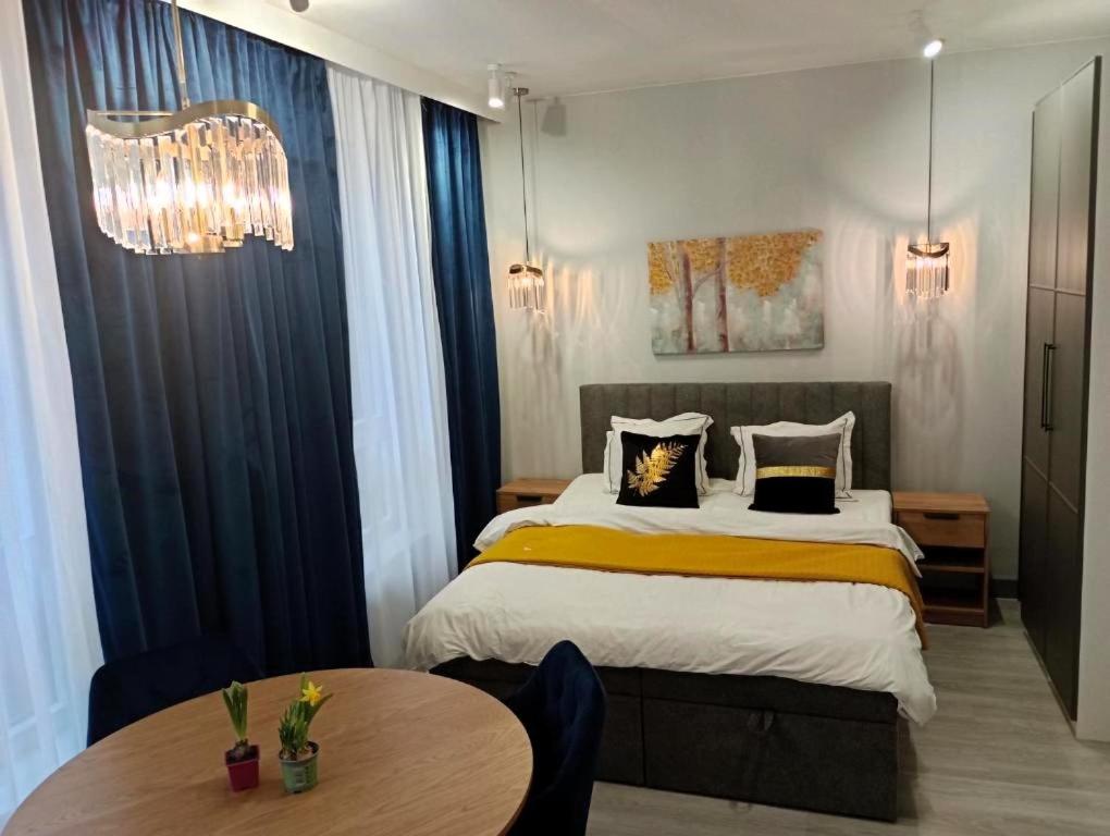 罗兹Manu Park Apartament z Garażem Centrum的一间卧室配有一张大床和一张桌子