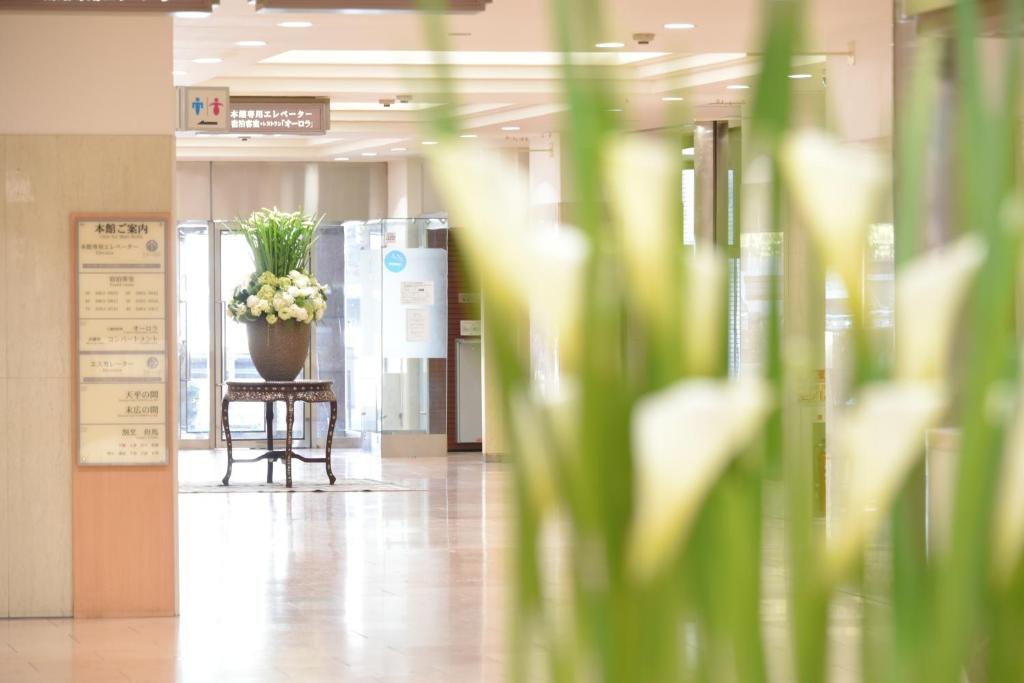 宇都宫HOTEL NEWITAYA的坐在走廊桌子上的盆栽植物