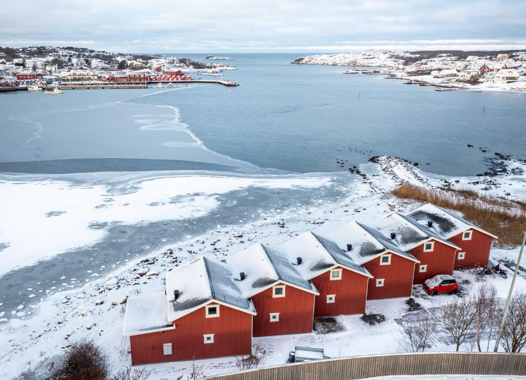 赫讷Hönö Sjöbodar的水边的雪地里一排红房子