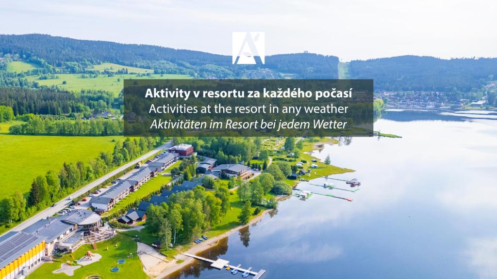 伏尔塔瓦河畔利普诺Amenity Hotel & Resort Lipno的享有湖上度假村的空中景致