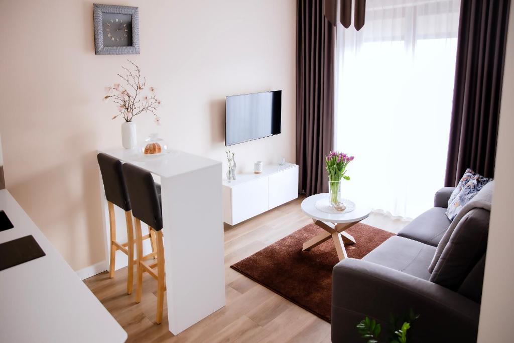 波兹南Apartament Bimba - Free Parking的客厅配有沙发和带电视的桌子