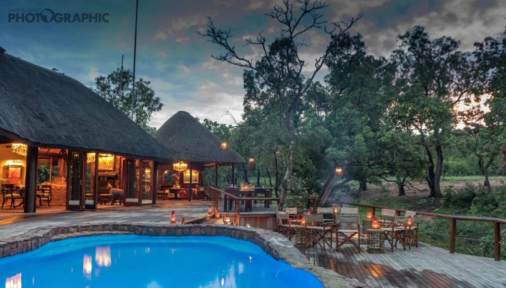 威尔吉旺登禁猎区Ndlovu Safari Lodge的夜间带游泳池的度假村