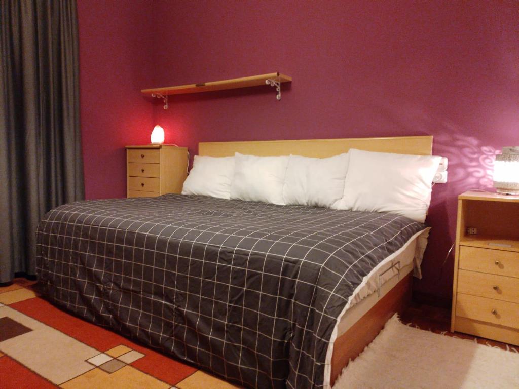 米耶雷斯Hostal的一间卧室配有一张带铺着平底毯的床