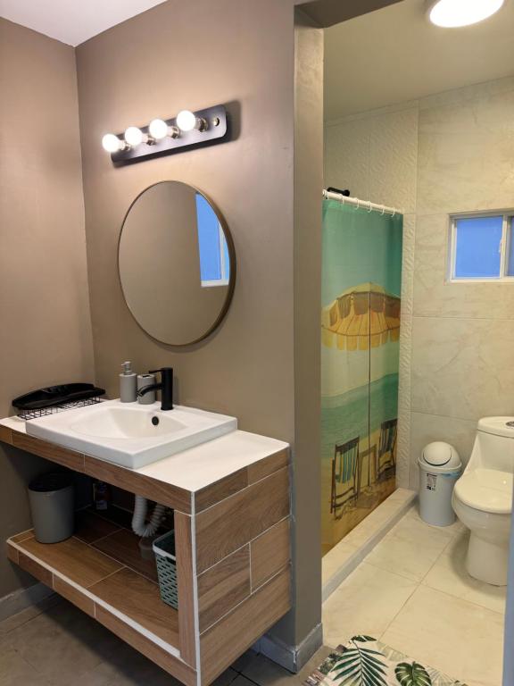 库奥特拉莫雷洛斯Casa Palmeras的一间带水槽、镜子和卫生间的浴室
