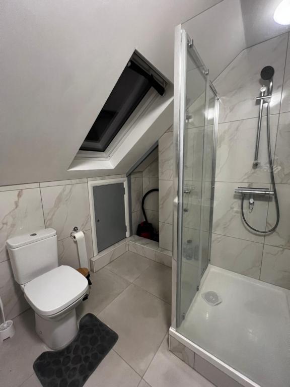 伦敦Ivory Penthouse Next to Wembley Stadium by Imperia Stays的一间带卫生间和淋浴的浴室