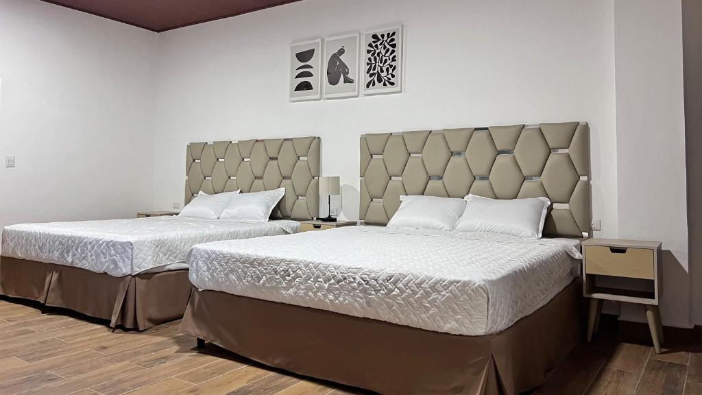 AhuachapánTermales la Montaña “Suite Aire de Montaña 1”的一间卧室配有两张床和床头板