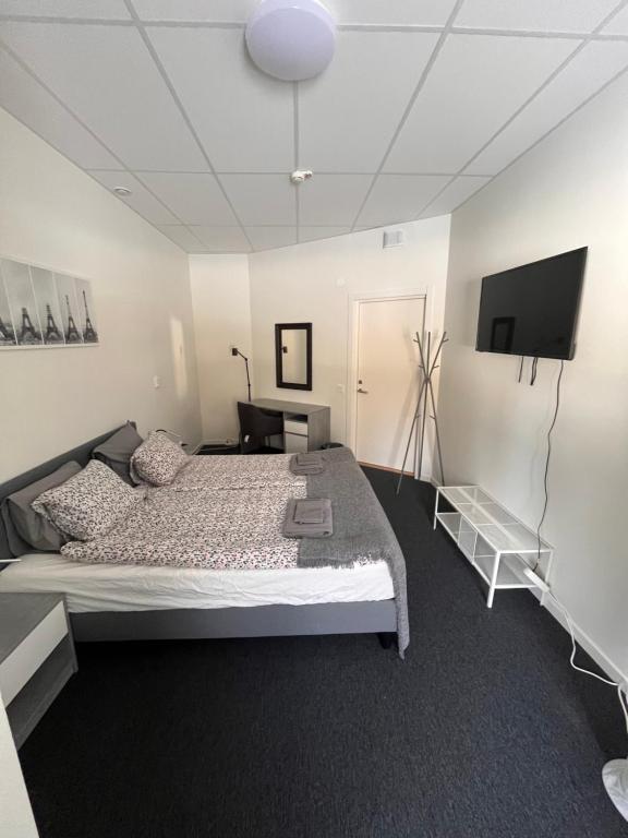TimråRentalux Hostel的一间卧室配有一张床和一台平面电视